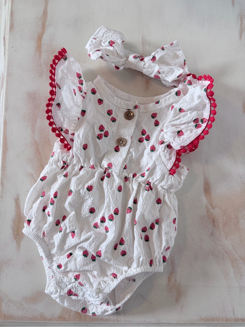 White Strawberry Print Baby Girl One-Piece Bodysuit with Headband
